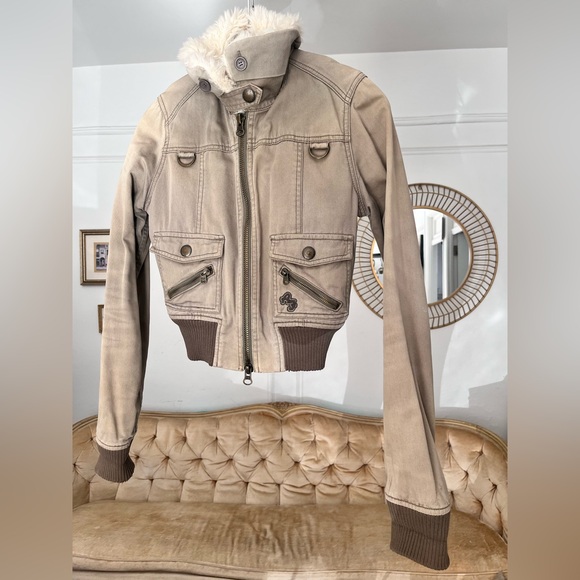 Extremely RARE Y2K Viral Abercrombie & Fitch Bomber Jacket Cotton Sz S faux fur - Picture 6 of 16